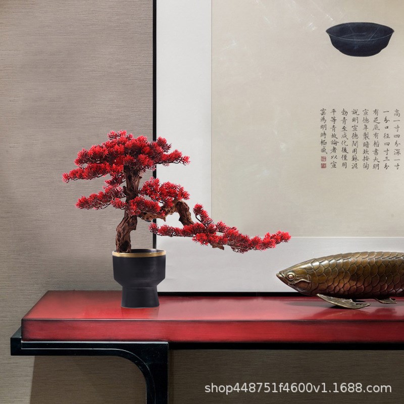 新中式崖柏杜鹃根实木仿真松树摆件红色仿真花艺装饰品酒店工艺品