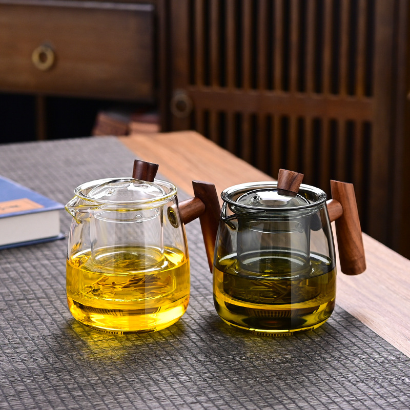 耐热玻璃茶壶木把烟榭壶黑色茶水分离煮茶壶泡茶壶玻璃壶茶具套装