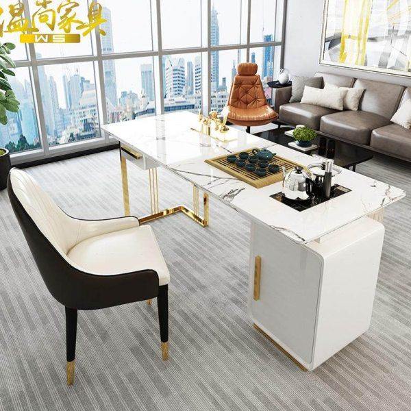 咨询桌轻奢书桌椅组合大理石茶台自动上水简约办公洽谈桌家用泡茶