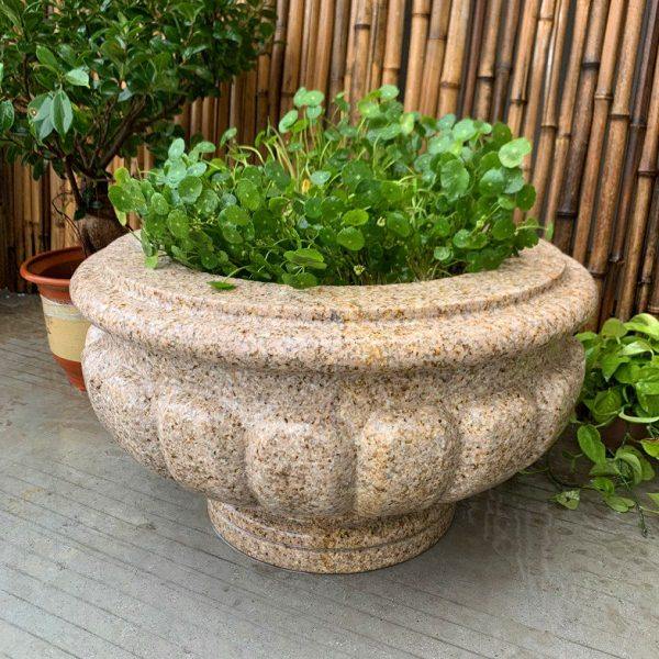 石材花盆花岗岩石钵定制黄锈石柱座户外围墙大理石头花缸石雕花钵