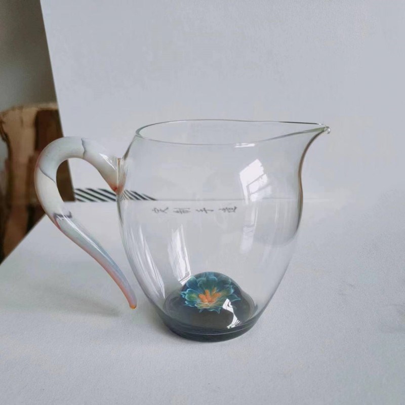加厚高硼硅玻璃公道杯 花语棠韵怡然茶海分茶器 创意彩色把手茶海