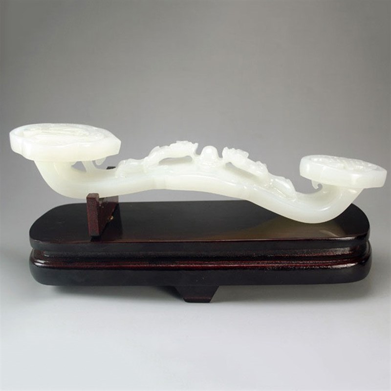 天然阿富汗玉白玉如意摆件米黄玉玉二龙戏珠家居摆件吉祥如意