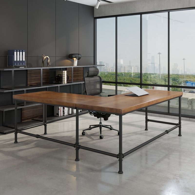 工业风复古实木书桌转角L型办公电脑桌简约靠墙拐角设计师工作台