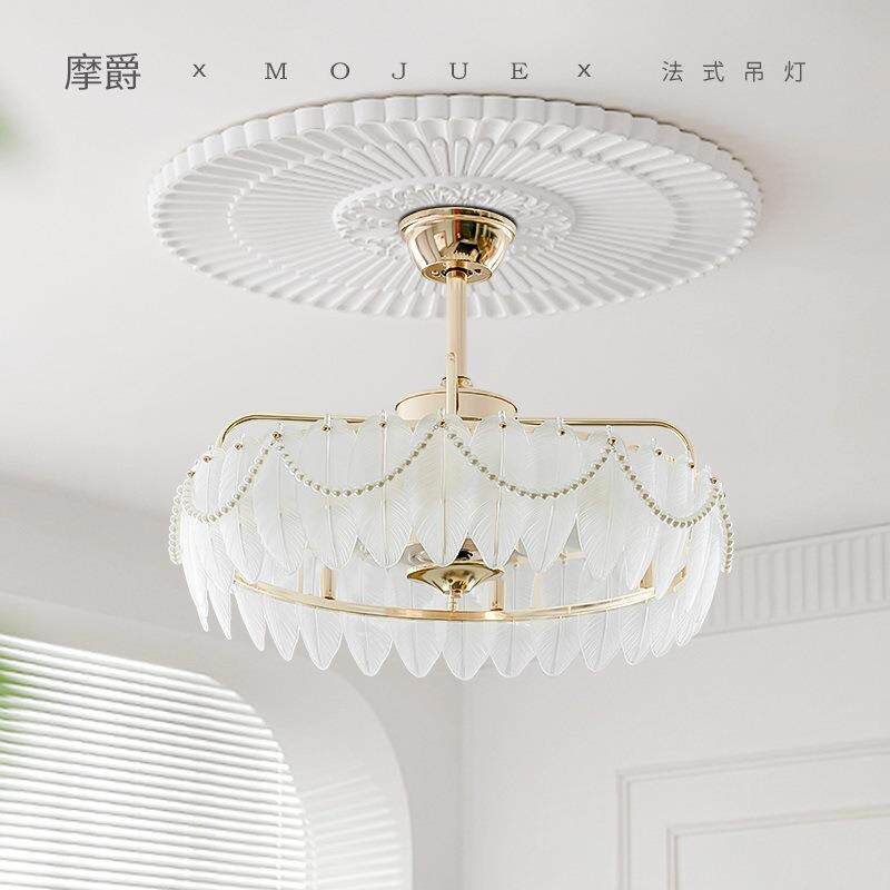 风客厅灯吸顶吊扇奶油轻奢卧室感风扇灯现代水晶灯灯具羽毛高级铁