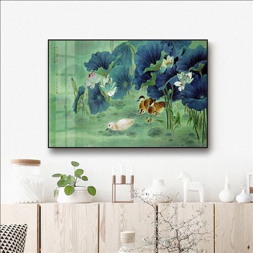 宝鸭穿莲图玄关壁画客厅办公室酒店装饰中式壁画荷花挂画铝合金画