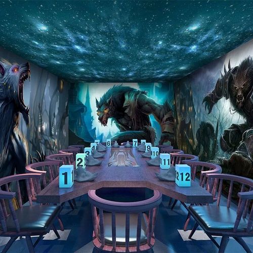 3D创意狼人杀桌游吧壁纸惊悚主题酒店密室逃脱墙纸推理剧本杀壁画