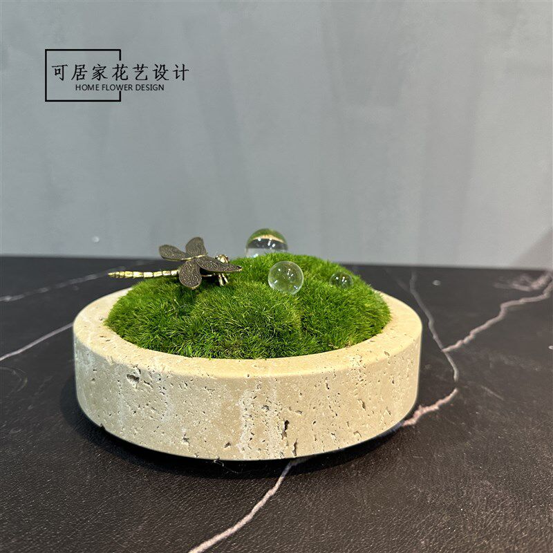 软装饰品摆件酒店样板间工程家居托盘天然大理石果盘永生苔藓盆景