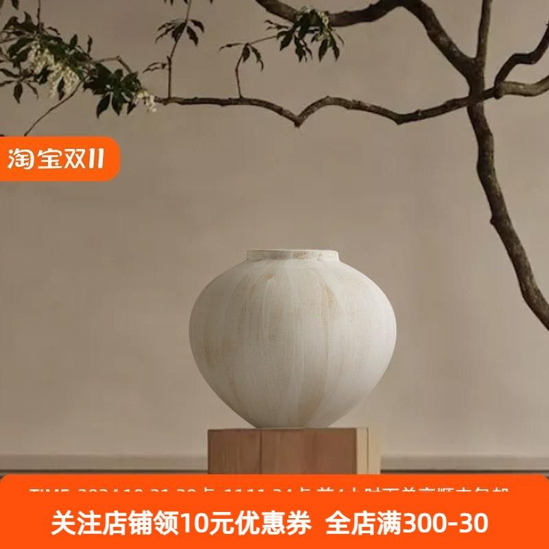 法式中古手工白色陶瓷复古陶罐侘寂风大花瓶花器高级感摆件大肚圆