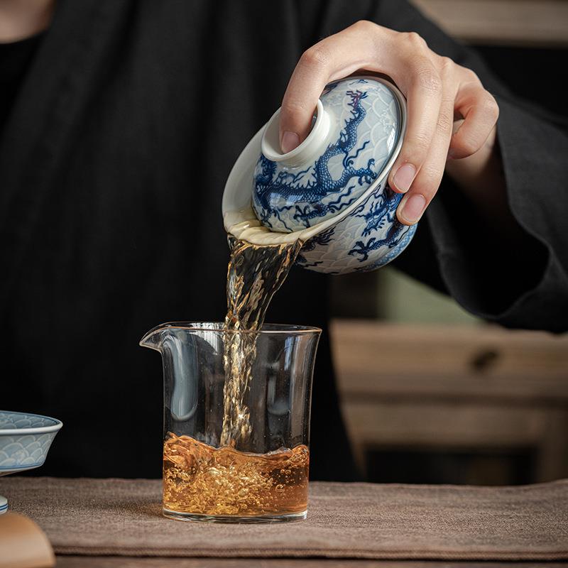 景德镇拟古青花瓷龙纹三才盖碗单个陶瓷大号泡茶碗杯茶具套装