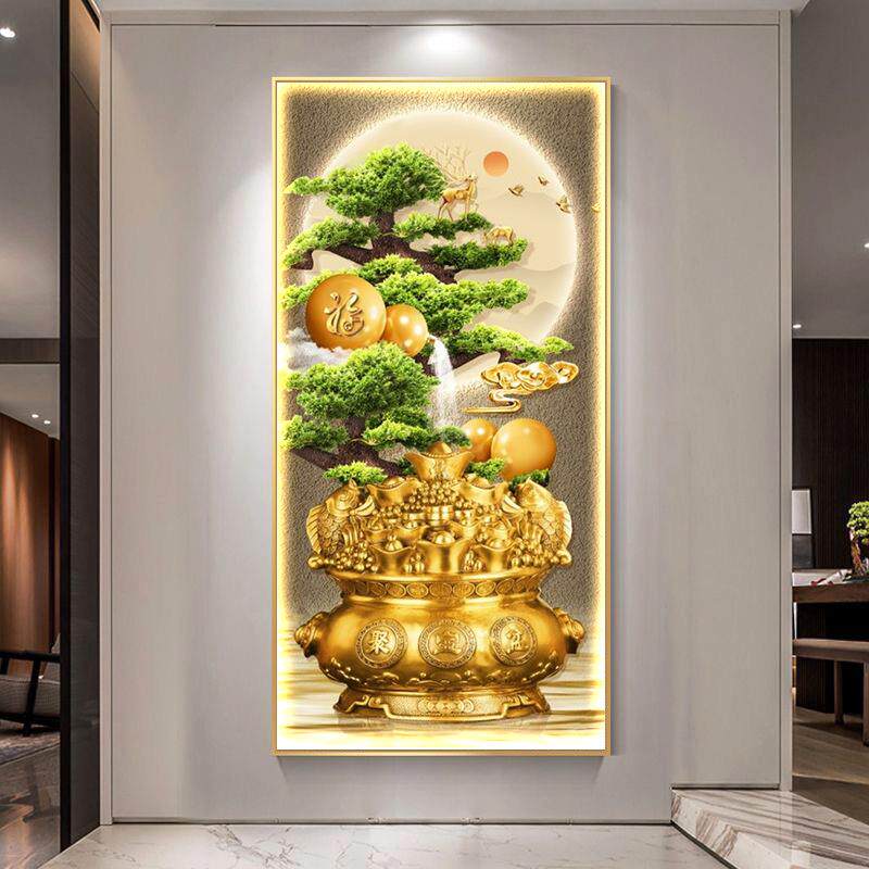 聚宝盆轻奢led灯入户玄关装饰画走廊过道挂画现代迎客松风景壁画