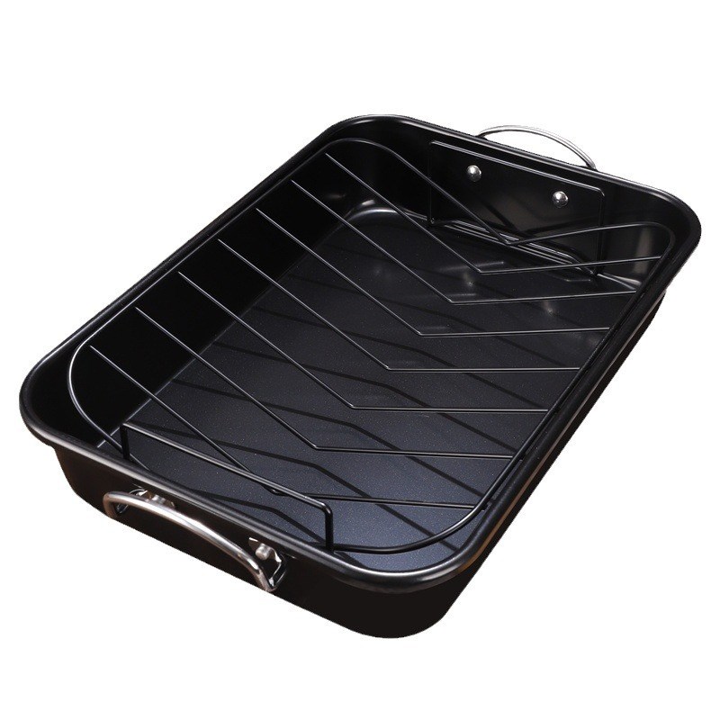 新款碳钢长方形烤盘不粘带手柄烤鸡盘家用带v形支架料理烧烤盘