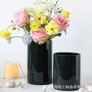 简约厚底泡绿色玻璃花瓶大号富贵竹水养插花圆形直筒婚礼客厅摆件