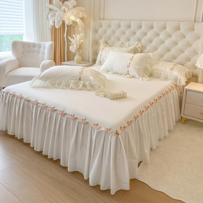 南通家95B25061纺式花边全棉贡缎提花床被裙三件套床罩单夏法季款