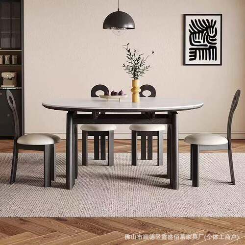 家美式复古伸缩岩板桌白色用小户型MGE意式轻奢师设计圆形餐实木