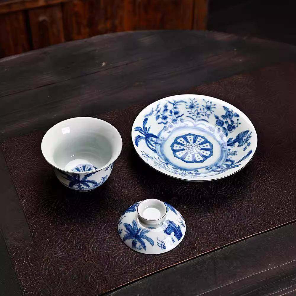 复古花瓷才盖碗防釉中彩泡茶32356565器中式家用陶瓷三茶具描金烫