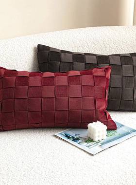 轻奢复古丝绒编织抱枕红色绿色沙腰枕样板发间枕方长形SIH软装搭