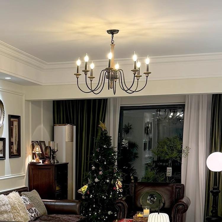 式复古吊灯客厅山477卧美村室餐厅灯法式乡民宿实木蜡烛灯广东中