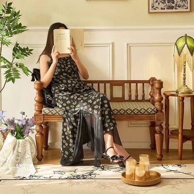 法式复古实床412尾凳卧凳室中美式床边长古椅乡间长条设木计师床