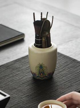 米黄汝窑江海无涯茶WMP六君套装黑檀木具茶道配茶件花插道毛子笔