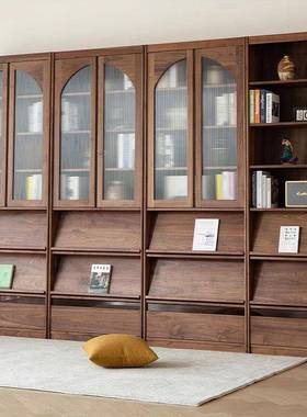 实木书架拱玻璃门一体整墙厅化形简约ZIF黑客胡桃到木满墙顶书柜