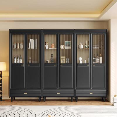 实木柜简书约门式双门四门六靠墙黑色复古风原木酒JFW柜玻璃展立