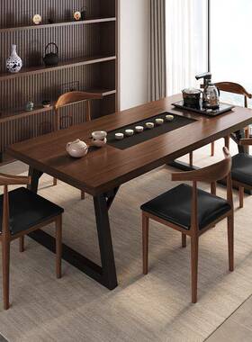 新式茶桌椅组合嵌公入式石茶盘一体仿木色中UQL茶桌茶实几办室泡