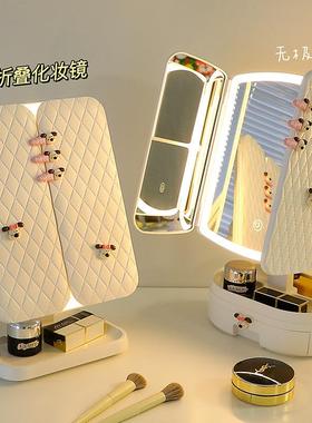 桌舍面l化妆镜MEC卧室发光梳妆台ed带灯纳补光宿折叠台式收盒大镜