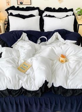 法三式仙女纯白色水洗棉四套床被套黑色裙花边蕾件丝床GCS上学生