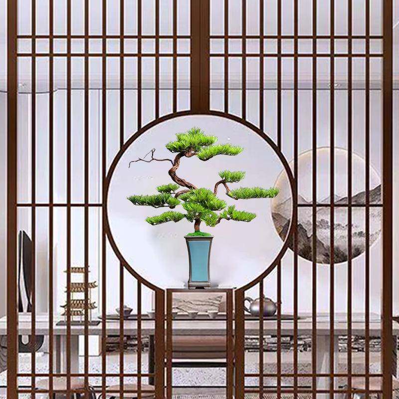 隔新中式仿真盆室景迎客松摆件客厅玄XQL饰关办公家居圆形屏风断