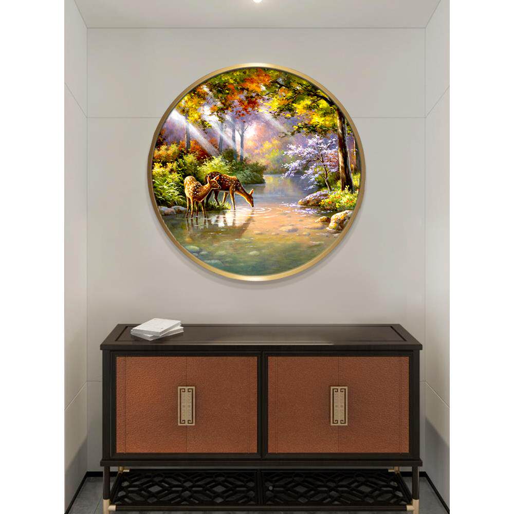 手绘鹿油画风景山森林福鹿水头玄关装饰卧画餐厅挂画美式圆形室床