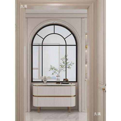 225新款0美式玻风璃屏隔断法入户铁艺欧式OUV复古拱形装饰客厅式