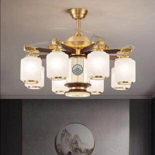 中式风扇吊灯全铜智能隐形扇BGA灯吊黑胡木家桃新用一体