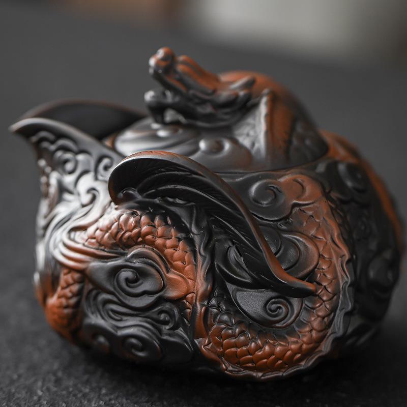 云紫全南手工堆雕堆雕陶飞龙在天手抓壶用原矿紫陶家茶壶TYS复古