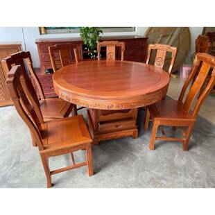 金梨餐桌圆桌花木菠萝格实家用新中式木全餐桌椅组合WNG原木家具