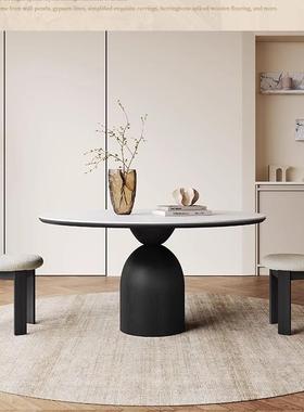 复桌古实木圆形餐轻奢HUN高端小户型家极用意式简哑光白色板圆岩