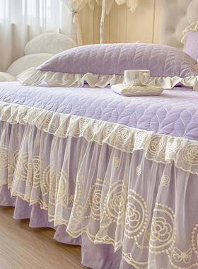 2025新款韩版花边床裙四件套主公风紫色棉床盖罩防滑夹床RVK三件
