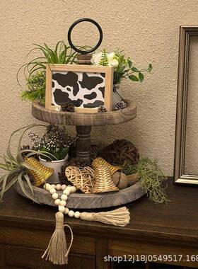 双层桐点心盘圆形木XVO质托盘品水果糕甜木展示盘收纳蛋创意复古