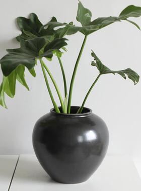 肚圆罐黑色陶瓷花KJB瓶花插花现器水培花大器样板间摆件代简约花
