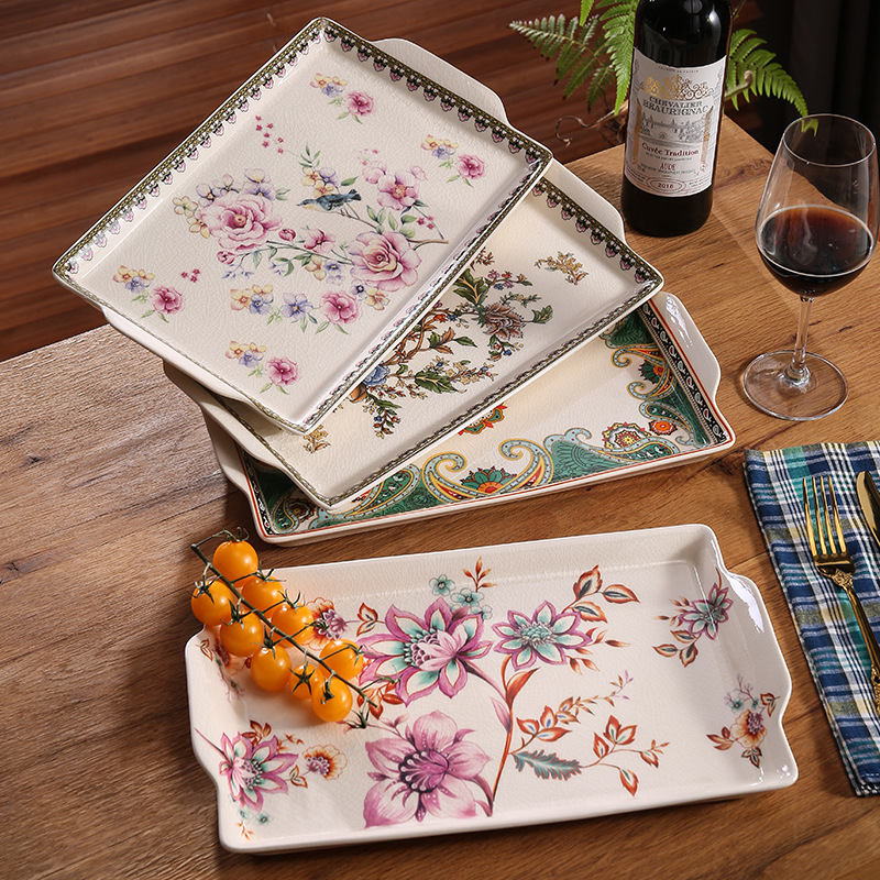 简约美式陶瓷托盘长方形茶盘家用果盘欧式复古茶杯茶壶水具收纳盘