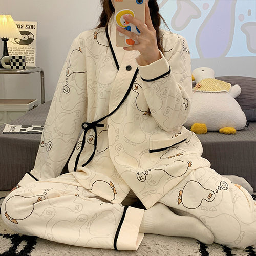 现货秋冬季新款新中式和服款绑带提花空气棉月子服夹层喂奶衣批发