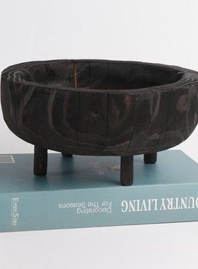 现代中式摆件客厅茶几碳化实木圆形拖盘摆场展厅家居软装饰品摆设