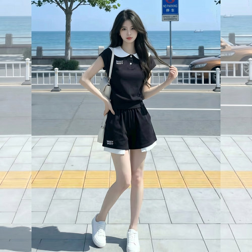 韩系娃娃领短袖时尚套装女两件套