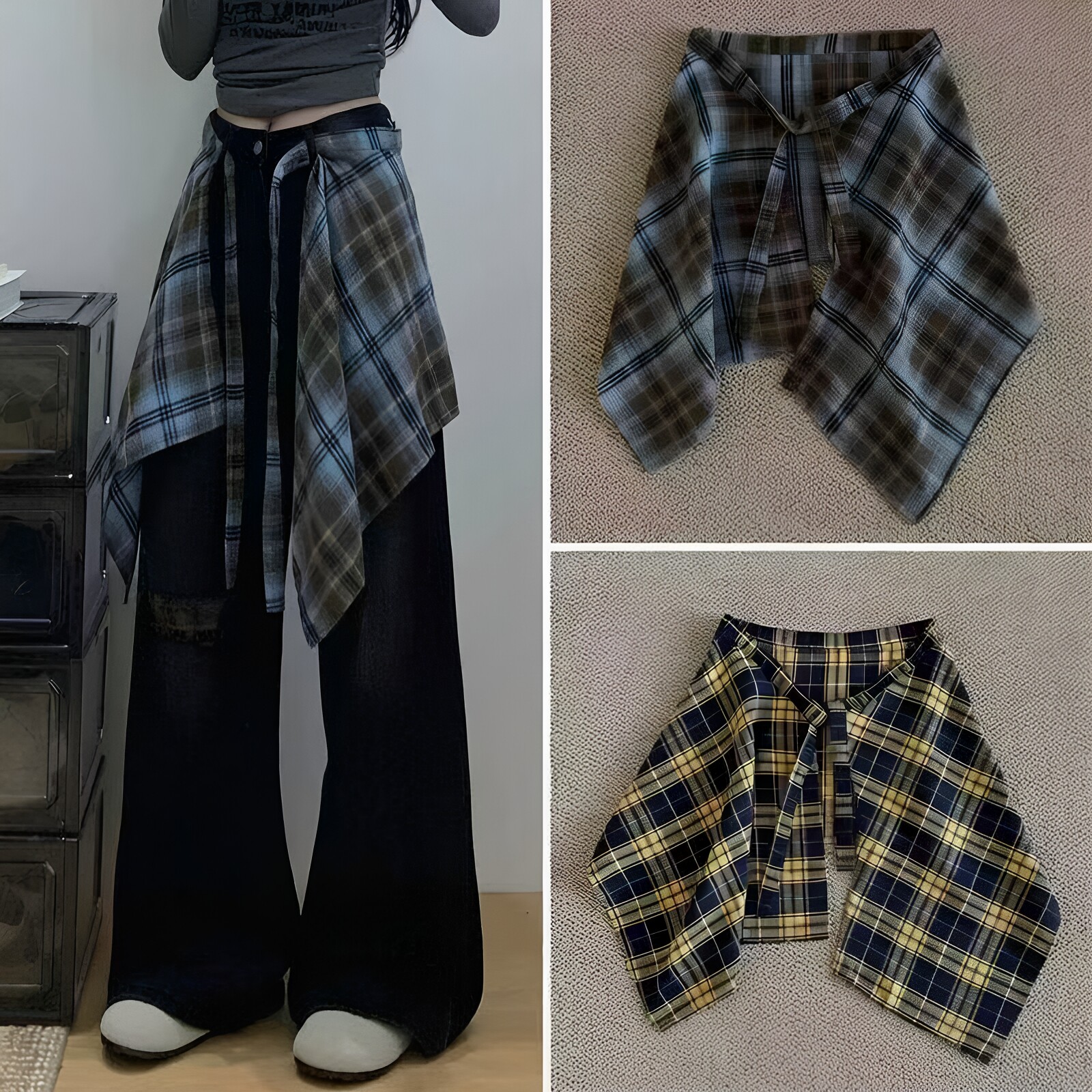 美式叠穿格子屁帘男女复古一片式半身裙