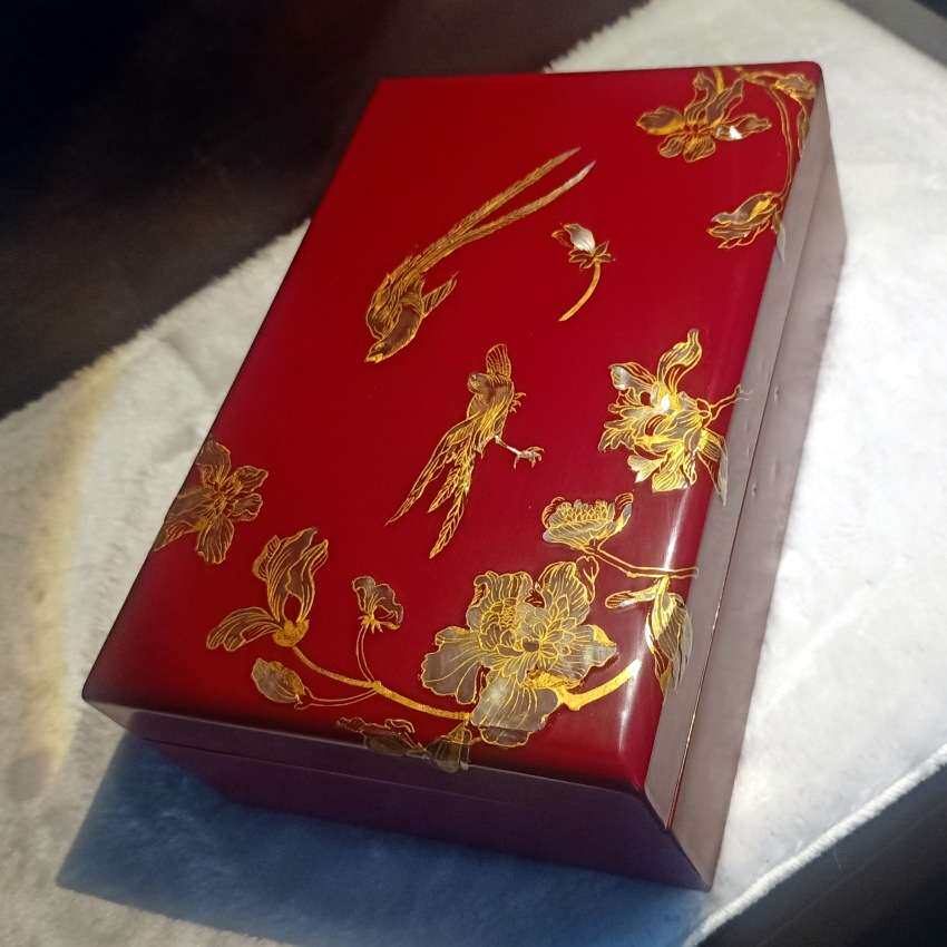 螺钿漆器首饰盒结婚礼金盒贝壳镶嵌手绘勾金古风新娘手饰收纳漆盒