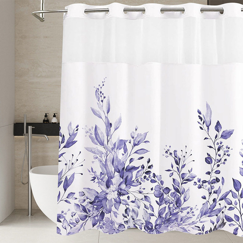 跨境货源数码印花双层大环涤纶浴帘 植物花草浴室帘子防水布浴帘