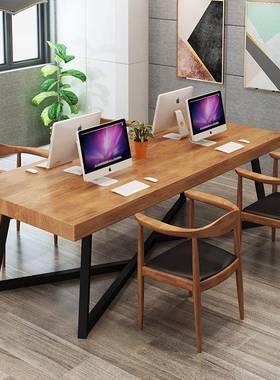 现代木办公桌椅组实合家具书房铁艺板电脑书桌公室办老T6844桌工作台