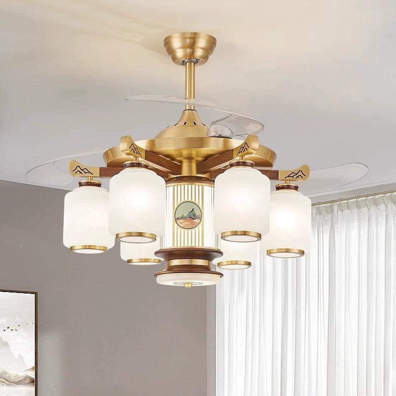 新中式【海纳百川】682风扇吊灯全智能吊隐胡形扇灯黑铜桃木家用