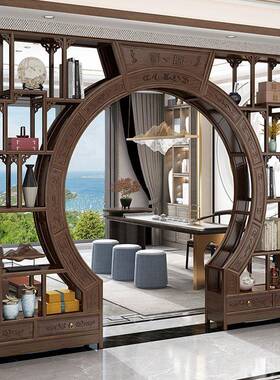 中式实11573木月洞门博古萝架多阁弧形圆门月亮宝断门客厅隔菠格