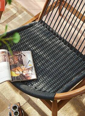 中客式家用白闲蜡木民宿实RVD木圆形沙发简约休椅黑色椅麻绳编织