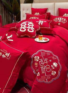 中嫁式刺绣婚庆四件婚套大红色结F777M777婚陪床单新被套喜被床上